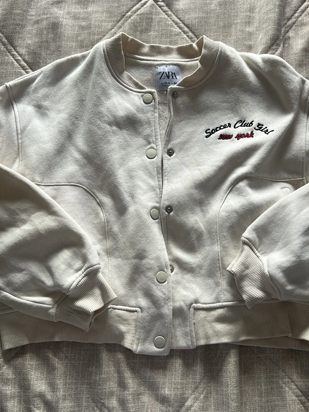 Zara Cream Bomber Jacket with Navy & Red Embroidery